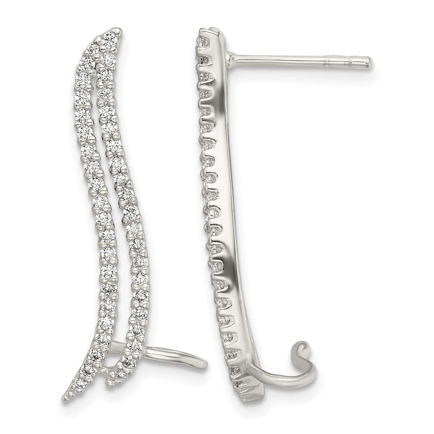 Sterling Silver Polished CZ Double Row Post & Cuff Ear Climber Earrings