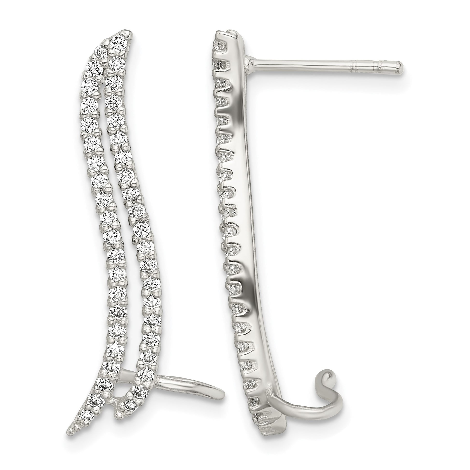 Sterling Silver Polished CZ Double Row Post & Cuff Ear Climber Earrings