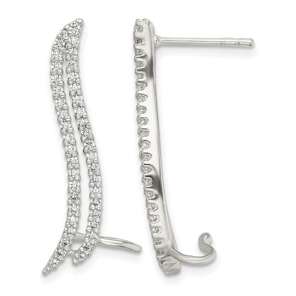 Sterling Silver Polished CZ Double Row Post & Cuff Ear Climber Earrings