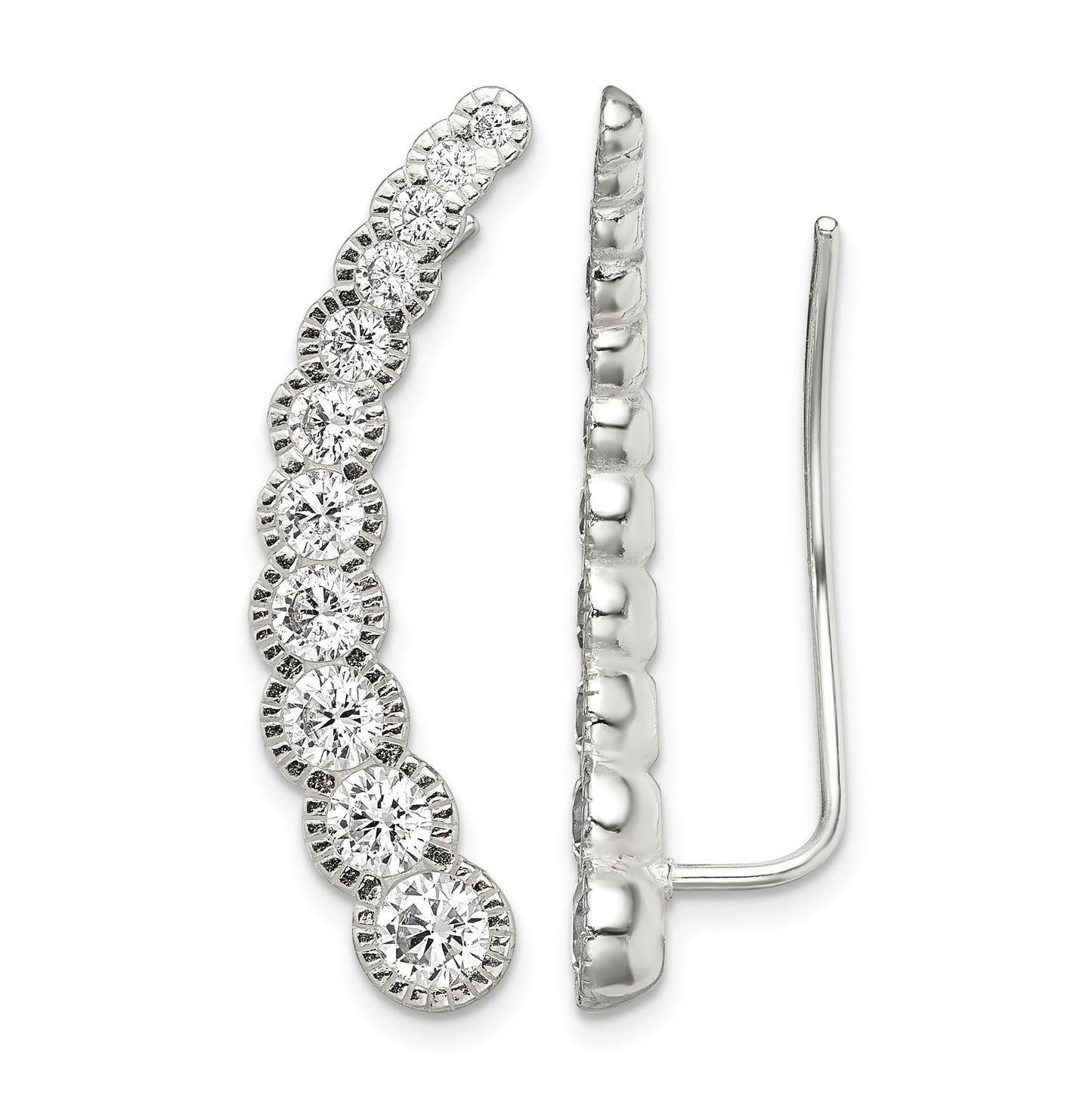 Sterling Silver Polished & Textured Graduated CZ Ear Climber Earrings