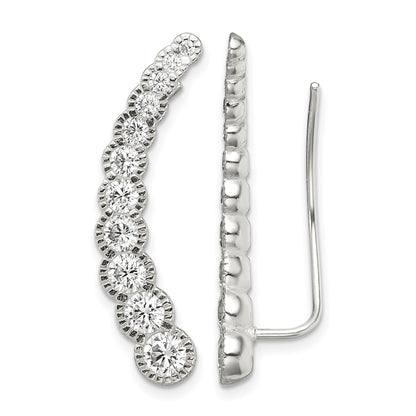 Sterling Silver Polished & Textured Graduated CZ Ear Climber Earrings