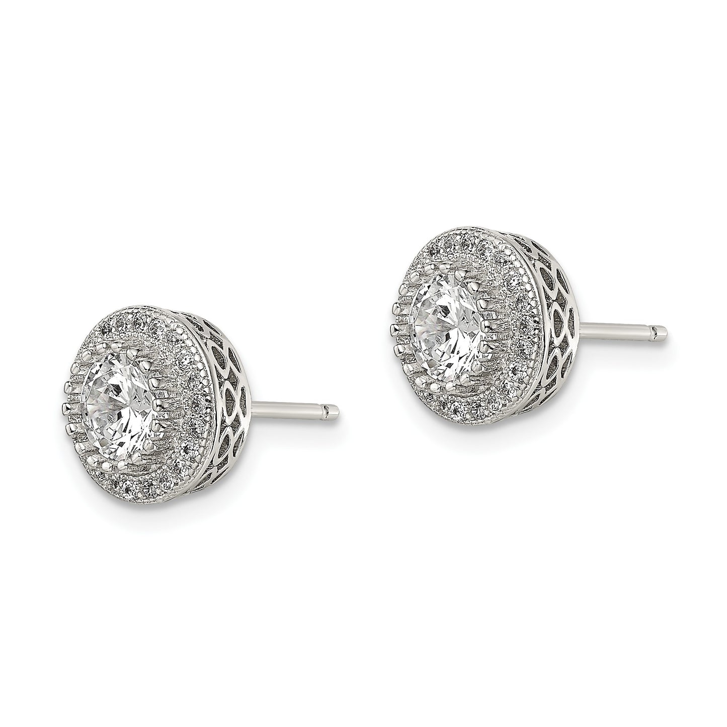 Sterling Silver Rhod-plated Polished Pav� CZ Halo Round Post Earrings