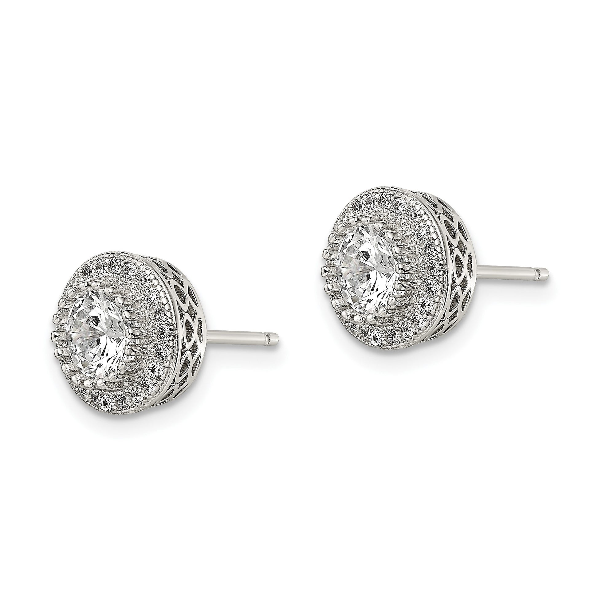 Sterling Silver Rhod-plated Polished Pav� CZ Halo Round Post Earrings