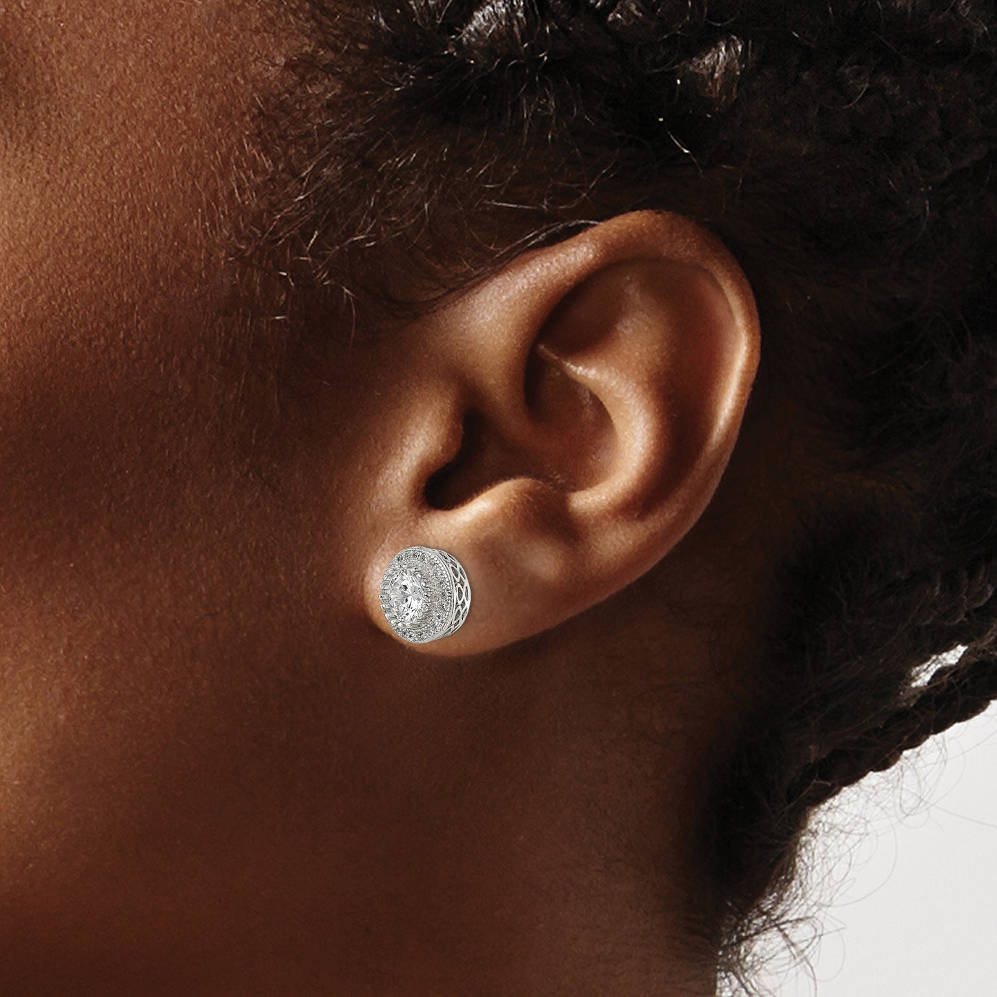 Sterling Silver Rhod-plated Polished Pav� CZ Halo Round Post Earrings