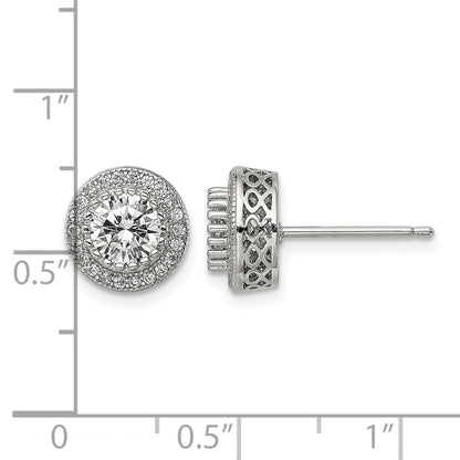 Sterling Silver Rhod-plated Polished Pav� CZ Halo Round Post Earrings