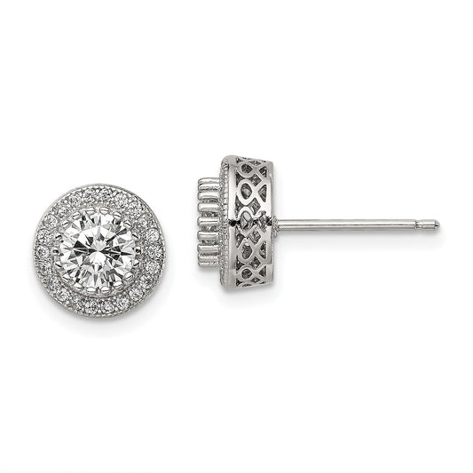 Sterling Silver Rhod-plated Polished Pav� CZ Halo Round Post Earrings
