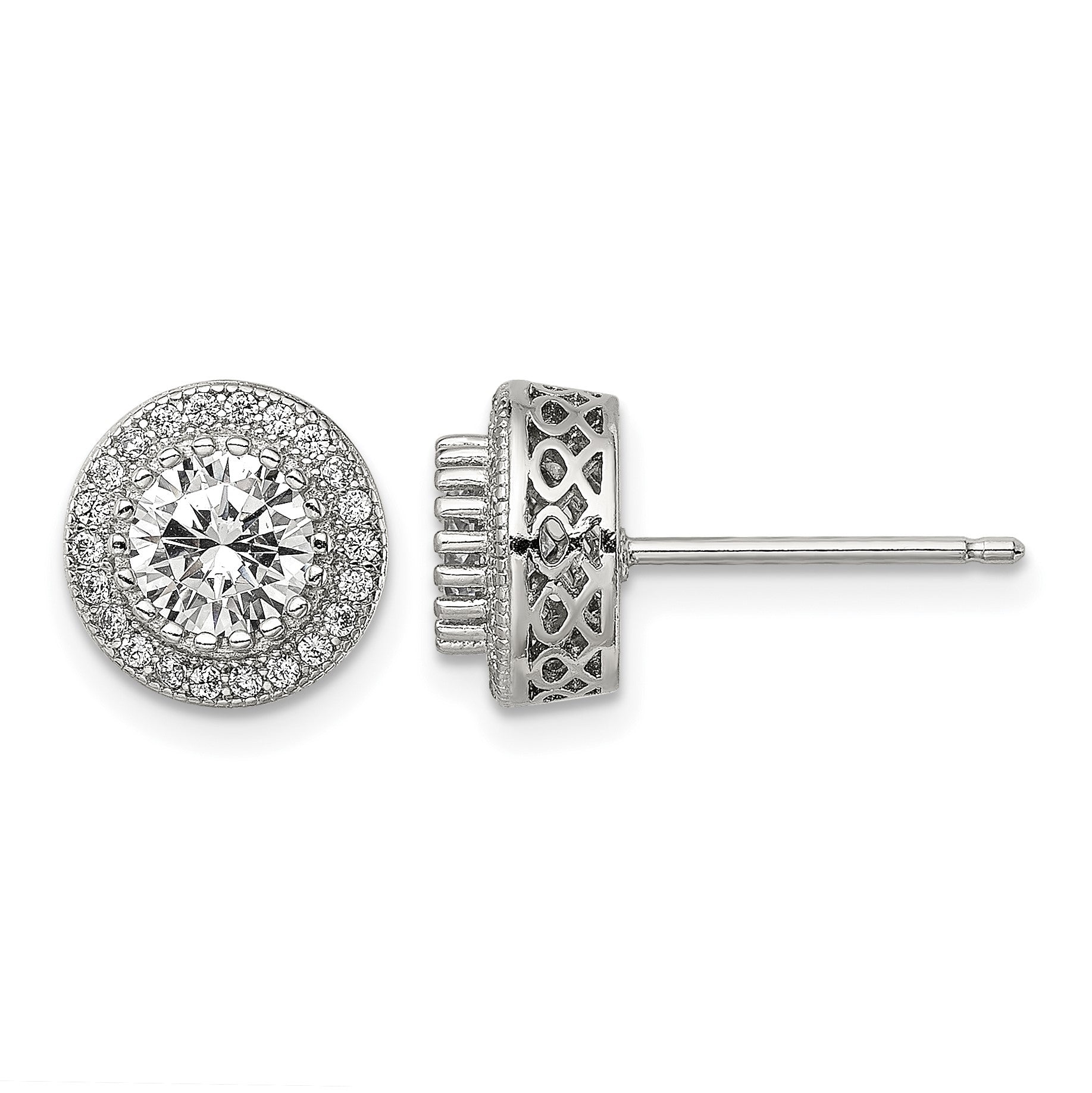 Sterling Silver Rhod-plated Polished Pav� CZ Halo Round Post Earrings