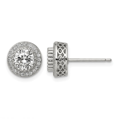 Sterling Silver Rhod-plated Polished Pav� CZ Halo Round Post Earrings