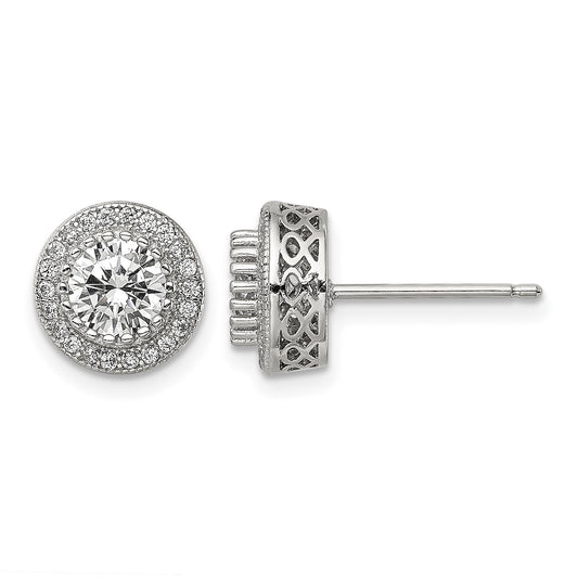 Sterling Silver Rhod-plated Polished Pav� CZ Halo Round Post Earrings