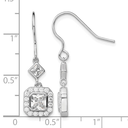 Sterling Silver Rhodium-plated Polished Square CZ Halo Dangle Earrings