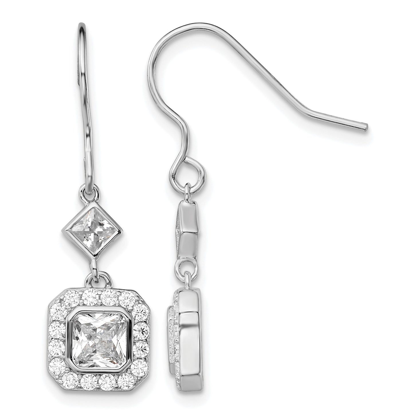 Sterling Silver Rhodium-plated Polished Square CZ Halo Dangle Earrings