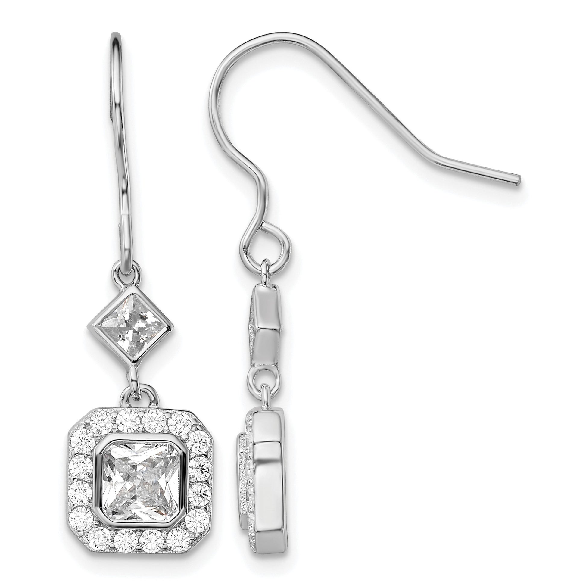 Sterling Silver Rhodium-plated Polished Square CZ Halo Dangle Earrings
