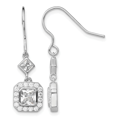 Sterling Silver Rhodium-plated Polished Square CZ Halo Dangle Earrings