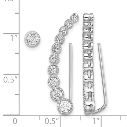 Sterling Silver RH-plated Polished & Textured CZ 1 Ear Climber & 1 Stud Ear