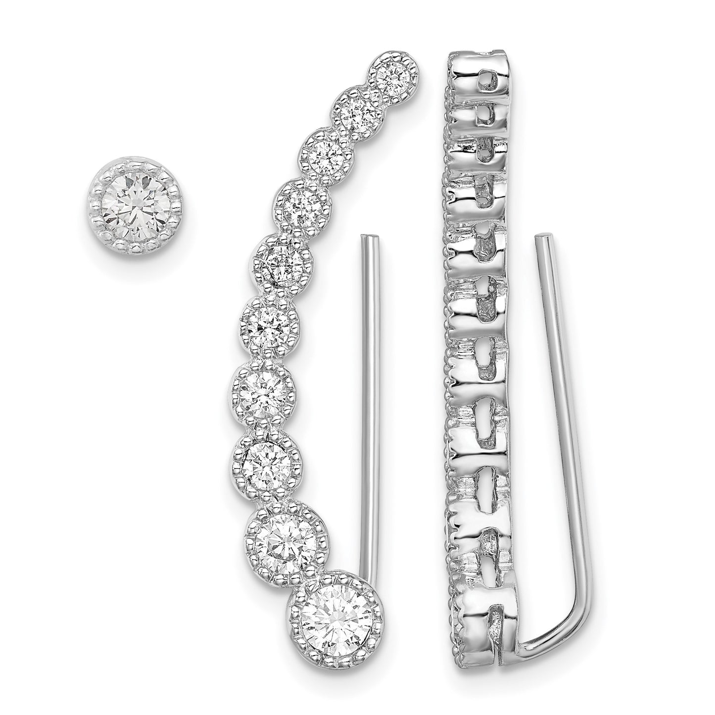 Sterling Silver RH-plated Polished & Textured CZ 1 Ear Climber & 1 Stud Ear