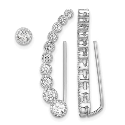 Sterling Silver RH-plated Polished & Textured CZ 1 Ear Climber & 1 Stud Ear