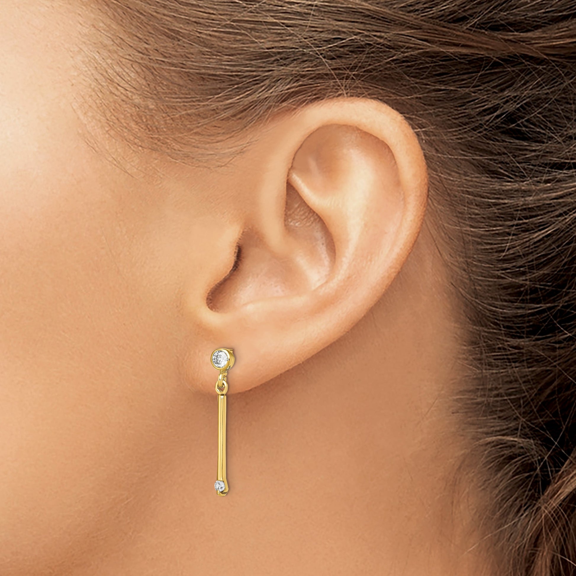 Sterling Silver Gold-tone Polished Bar w/ CZ Post Dangle Earrings