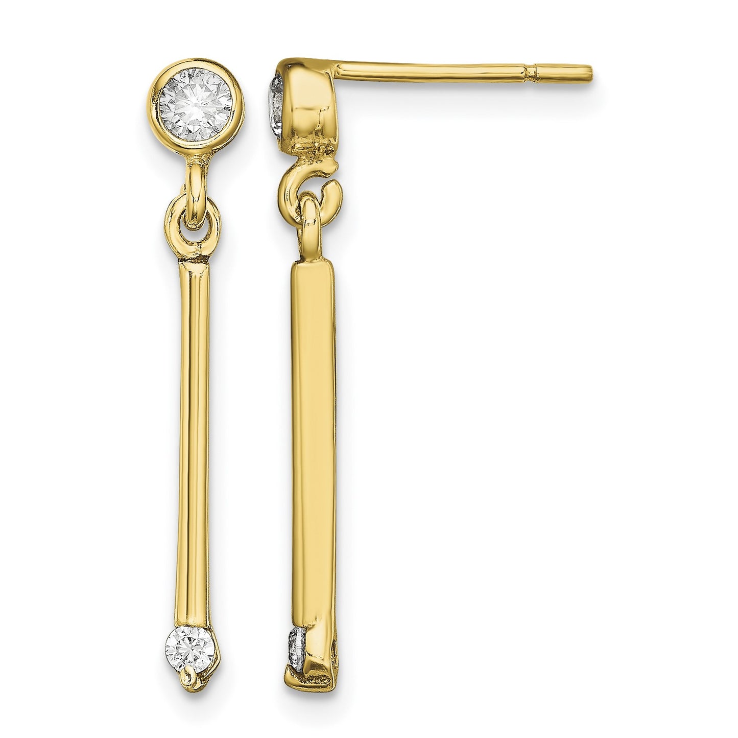 Sterling Silver Gold-tone Polished Bar w/ CZ Post Dangle Earrings