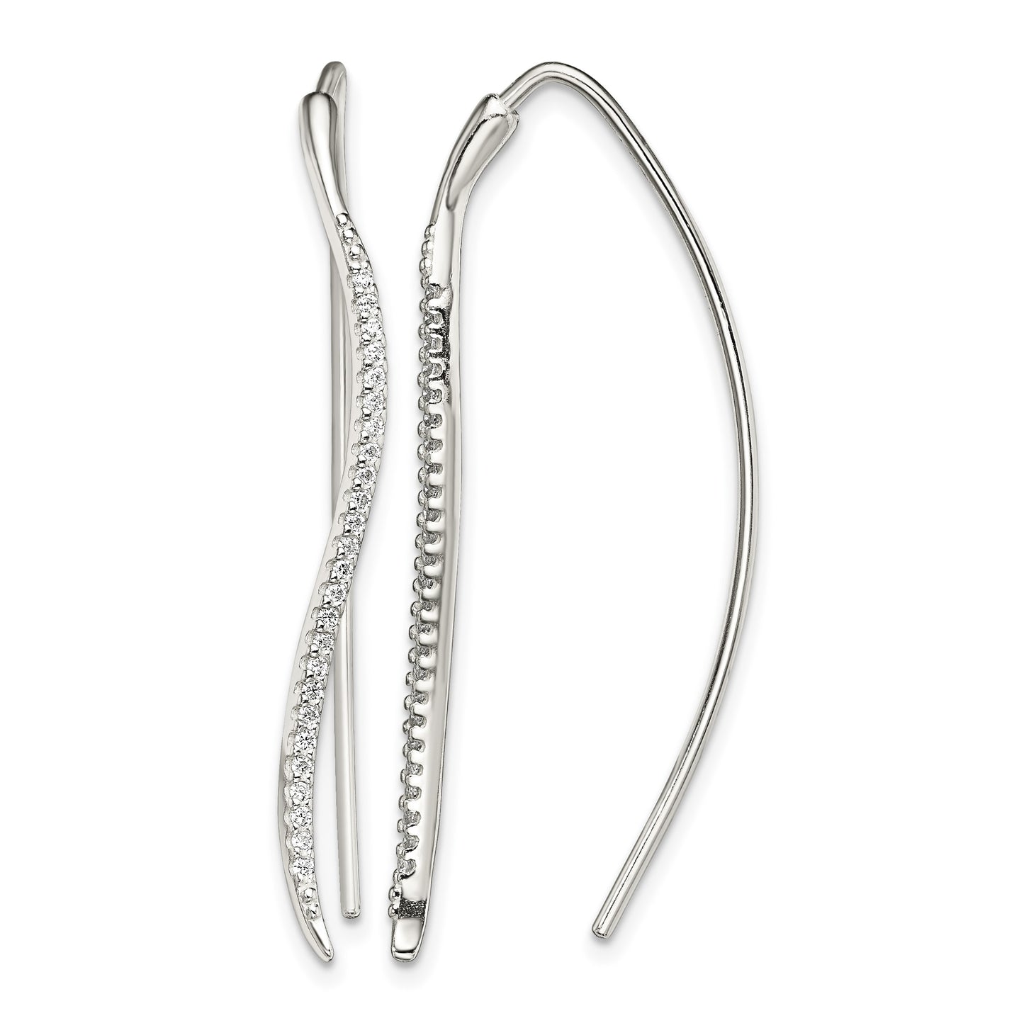 Sterling Silver Polished CZ Curved Bar Threader Earrings