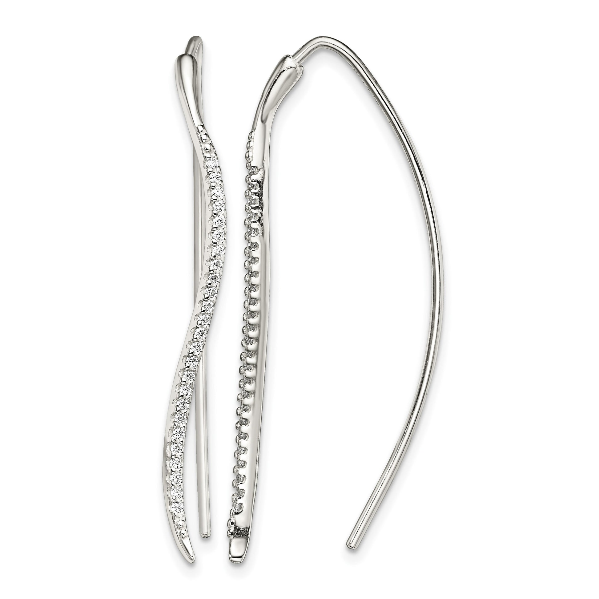Sterling Silver Polished CZ Curved Bar Threader Earrings