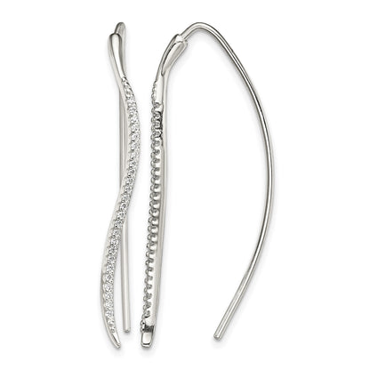 Sterling Silver Polished CZ Curved Bar Threader Earrings