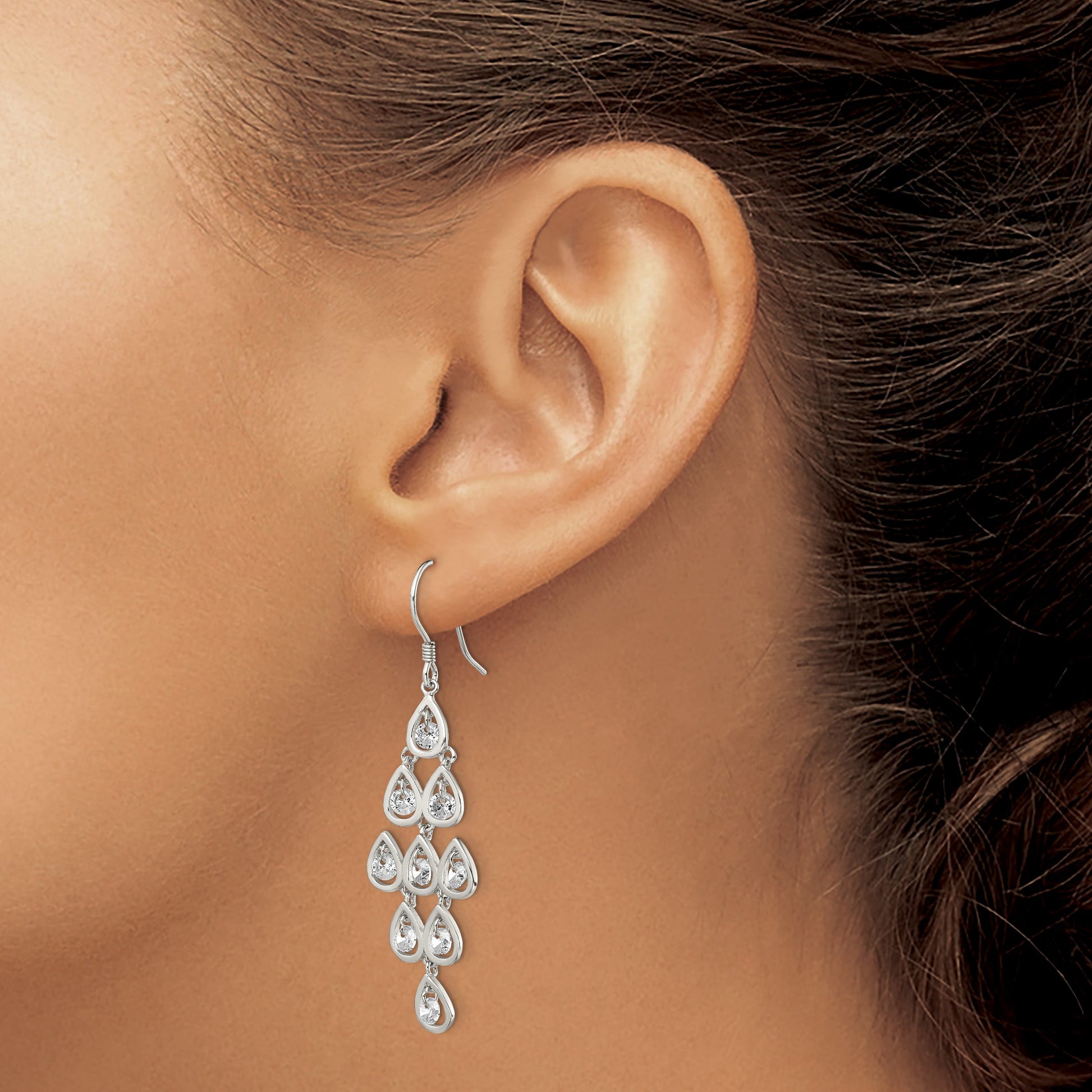Sterling Silver RH-pltd Polished Fancy Pear CZ Chandelier Dangle Earrings