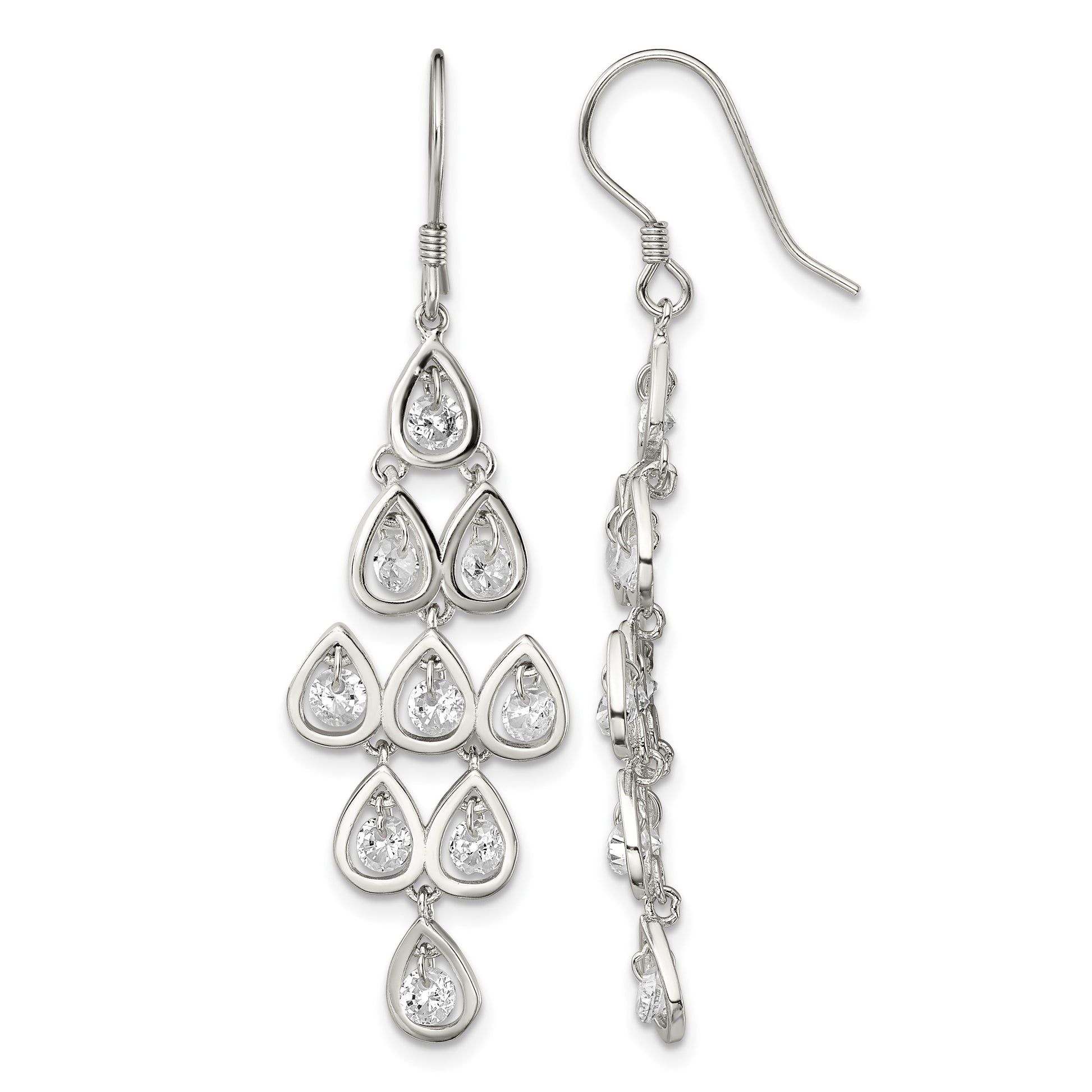 Sterling Silver RH-pltd Polished Fancy Pear CZ Chandelier Dangle Earrings