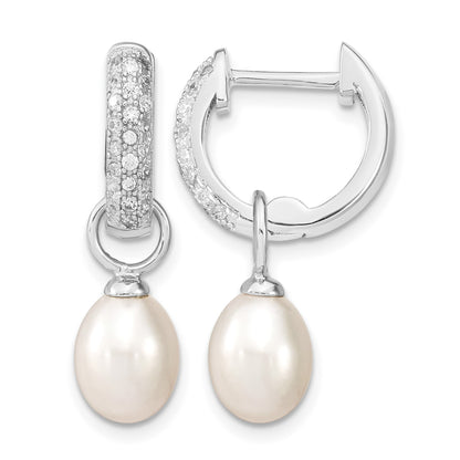 Sterling Silver Rhodium-plated 7-8mm Black and White Rice Freshwater Cultured Pearl and CZ Interchangeable Post Earrings Set