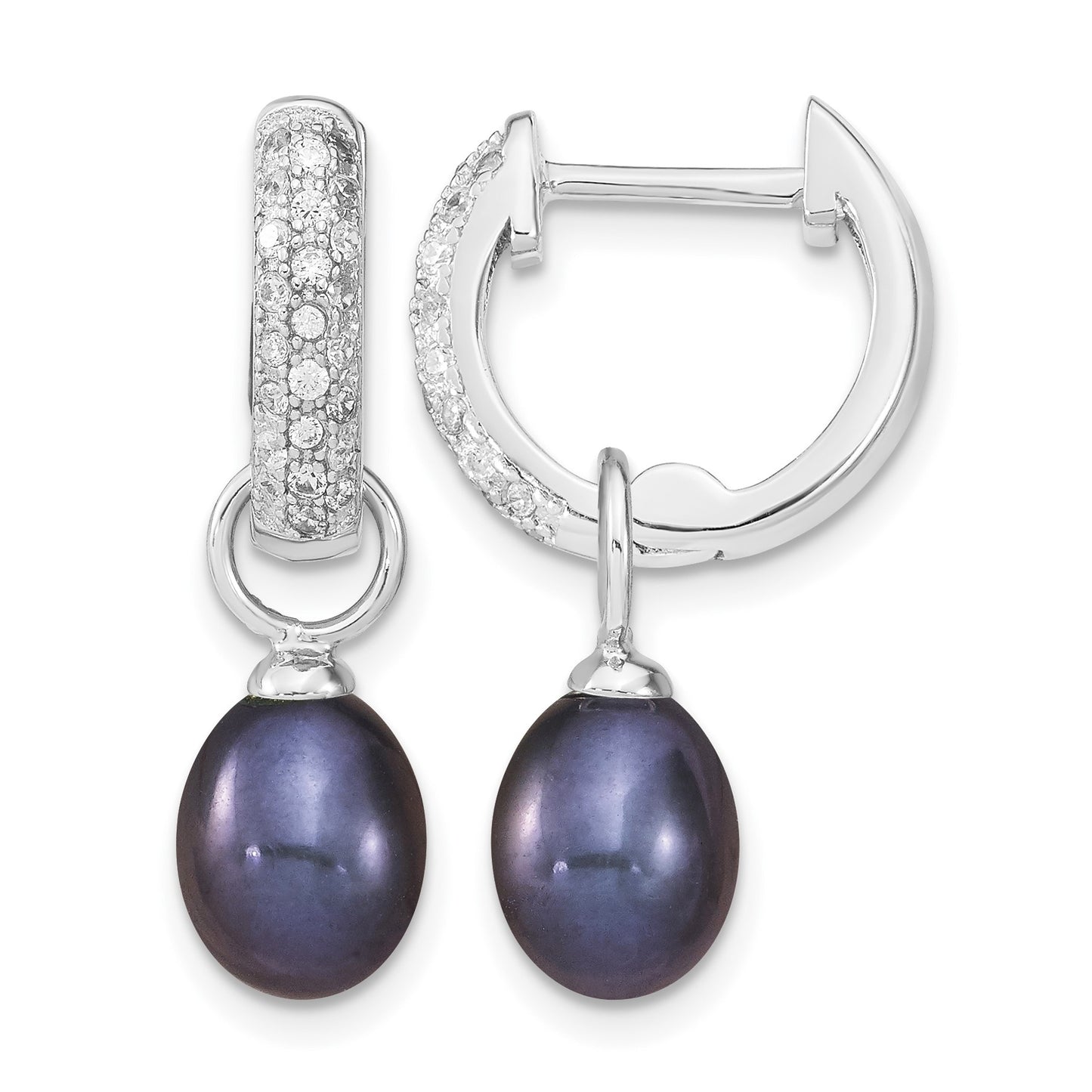 Sterling Silver Rhodium-plated 7-8mm Black and White Rice Freshwater Cultured Pearl and CZ Interchangeable Post Earrings Set