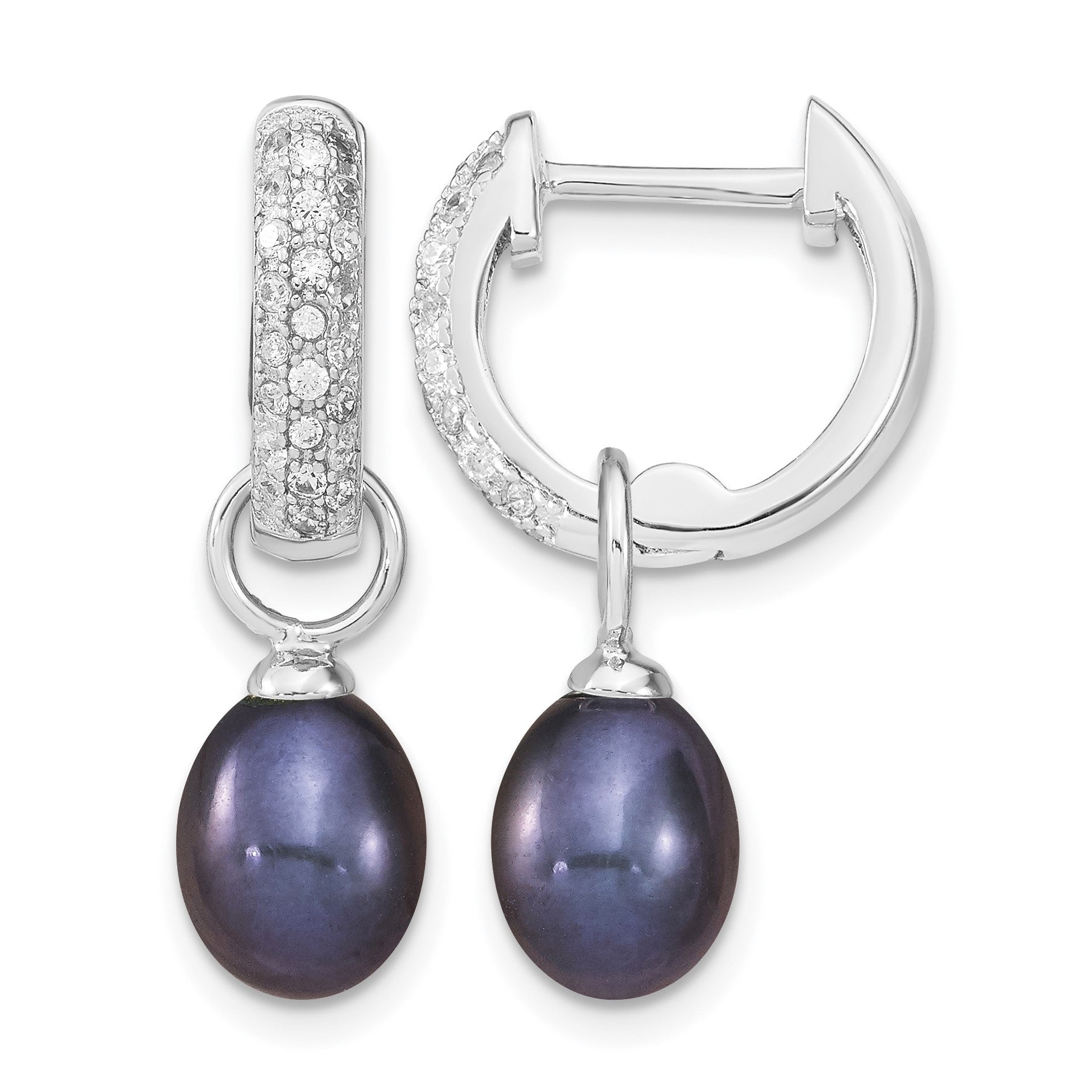 Sterling Silver Rhodium-plated 7-8mm Black and White Rice Freshwater Cultured Pearl and CZ Interchangeable Post Earrings Set
