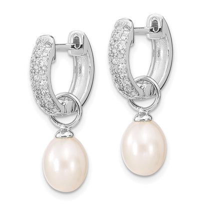 Sterling Silver Rhodium-plated 7-8mm Black and White Rice Freshwater Cultured Pearl and CZ Interchangeable Post Earrings Set