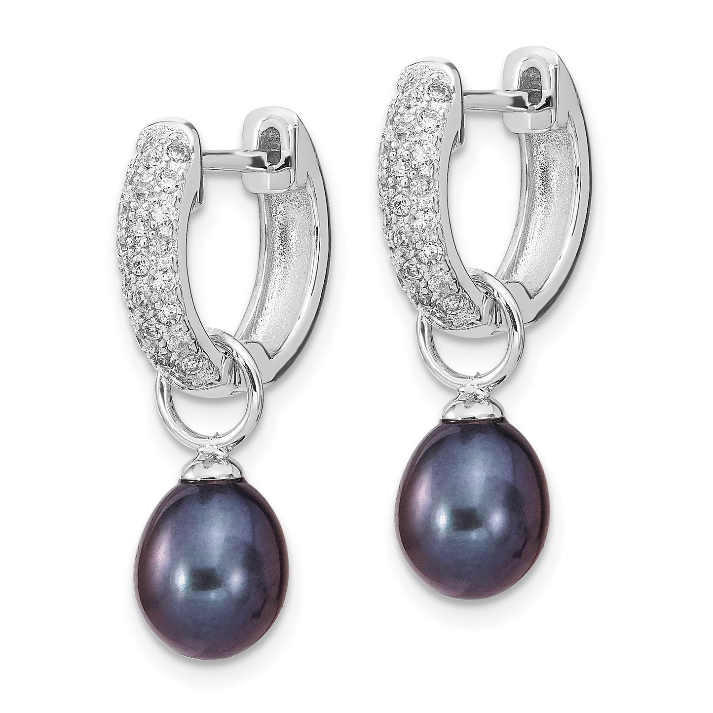 Sterling Silver Rhodium-plated 7-8mm Black and White Rice Freshwater Cultured Pearl and CZ Interchangeable Post Earrings Set