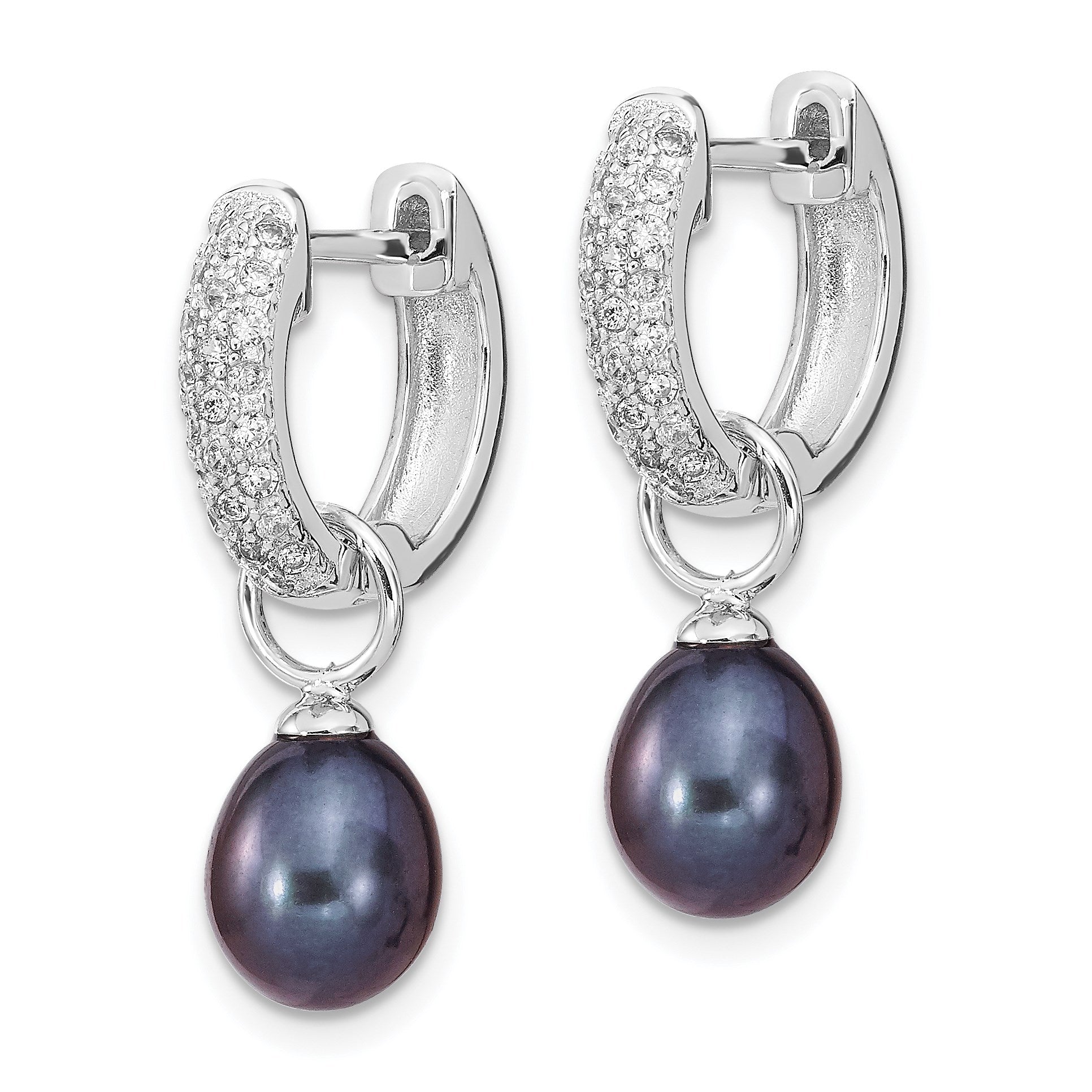Sterling Silver Rhodium-plated 7-8mm Black and White Rice Freshwater Cultured Pearl and CZ Interchangeable Post Earrings Set