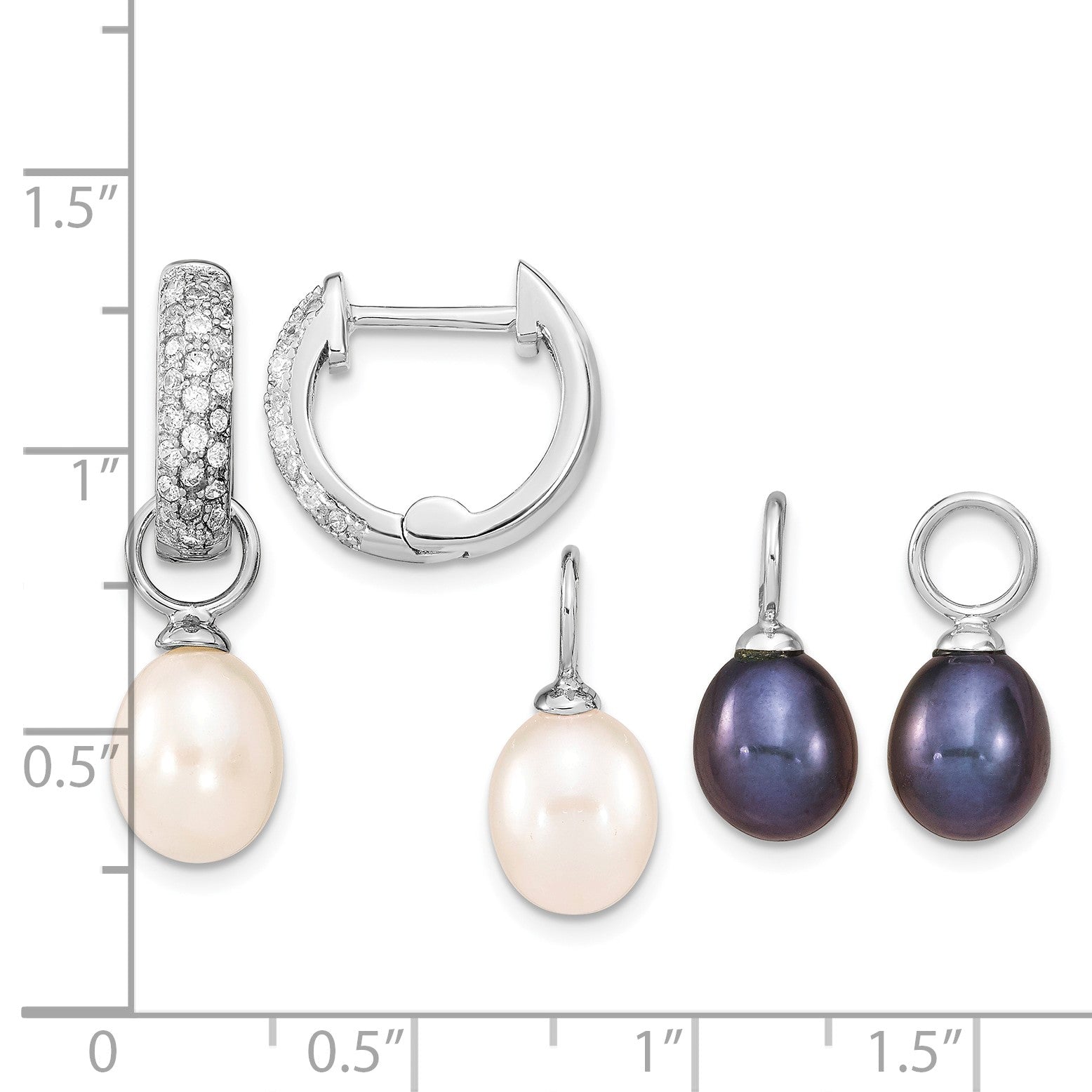Sterling Silver Rhodium-plated 7-8mm Black and White Rice Freshwater Cultured Pearl and CZ Interchangeable Post Earrings Set