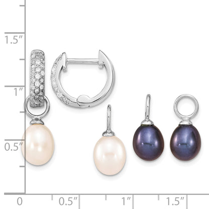 Sterling Silver Rhodium-plated 7-8mm Black and White Rice Freshwater Cultured Pearl and CZ Interchangeable Post Earrings Set