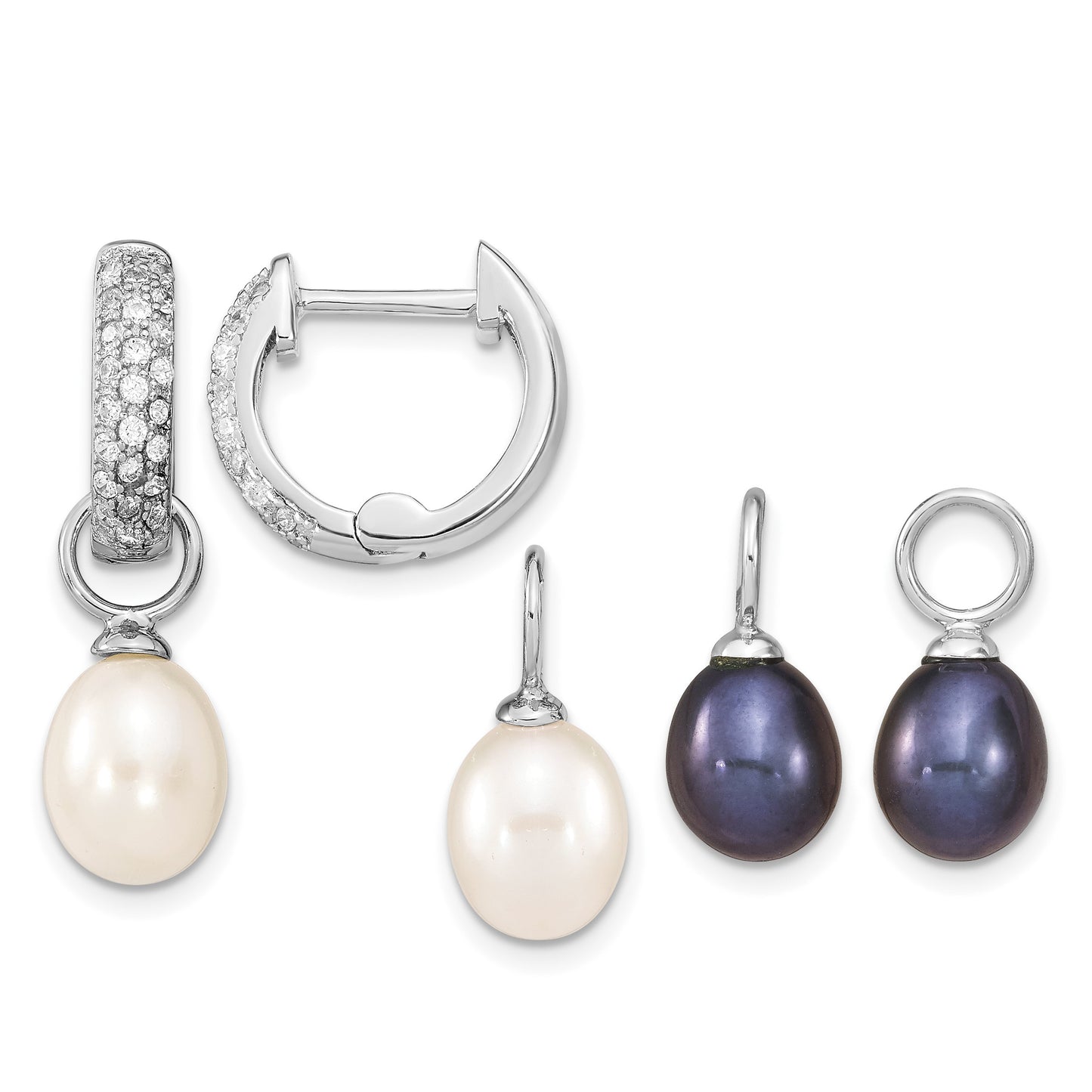 Sterling Silver Rhodium-plated 7-8mm Black and White Rice Freshwater Cultured Pearl and CZ Interchangeable Post Earrings Set
