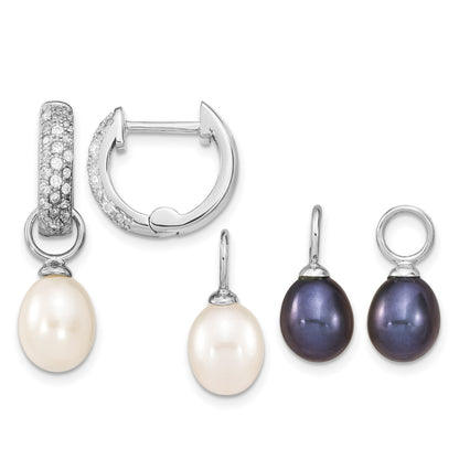 Sterling Silver Rhodium-plated 7-8mm Black and White Rice Freshwater Cultured Pearl and CZ Interchangeable Post Earrings Set