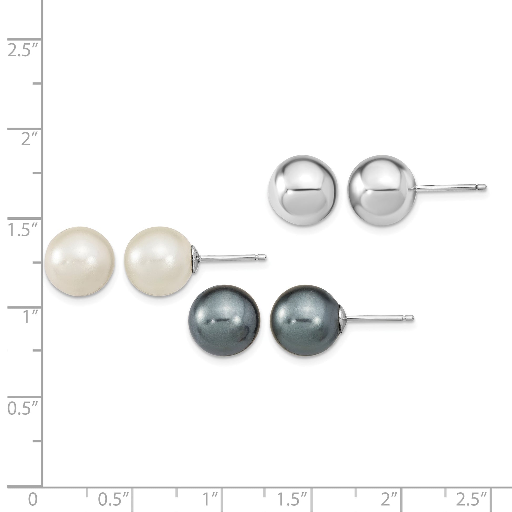 Sterling Silver Rhodium-plated 10-11mm White and Grey 10-11mm Round Imitation Shell Pearl and Ball Stet of 3 Post Earrings