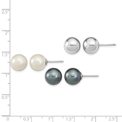 Sterling Silver Rhodium-plated 10-11mm White and Grey 10-11mm Round Imitation Shell Pearl and Ball Stet of 3 Post Earrings