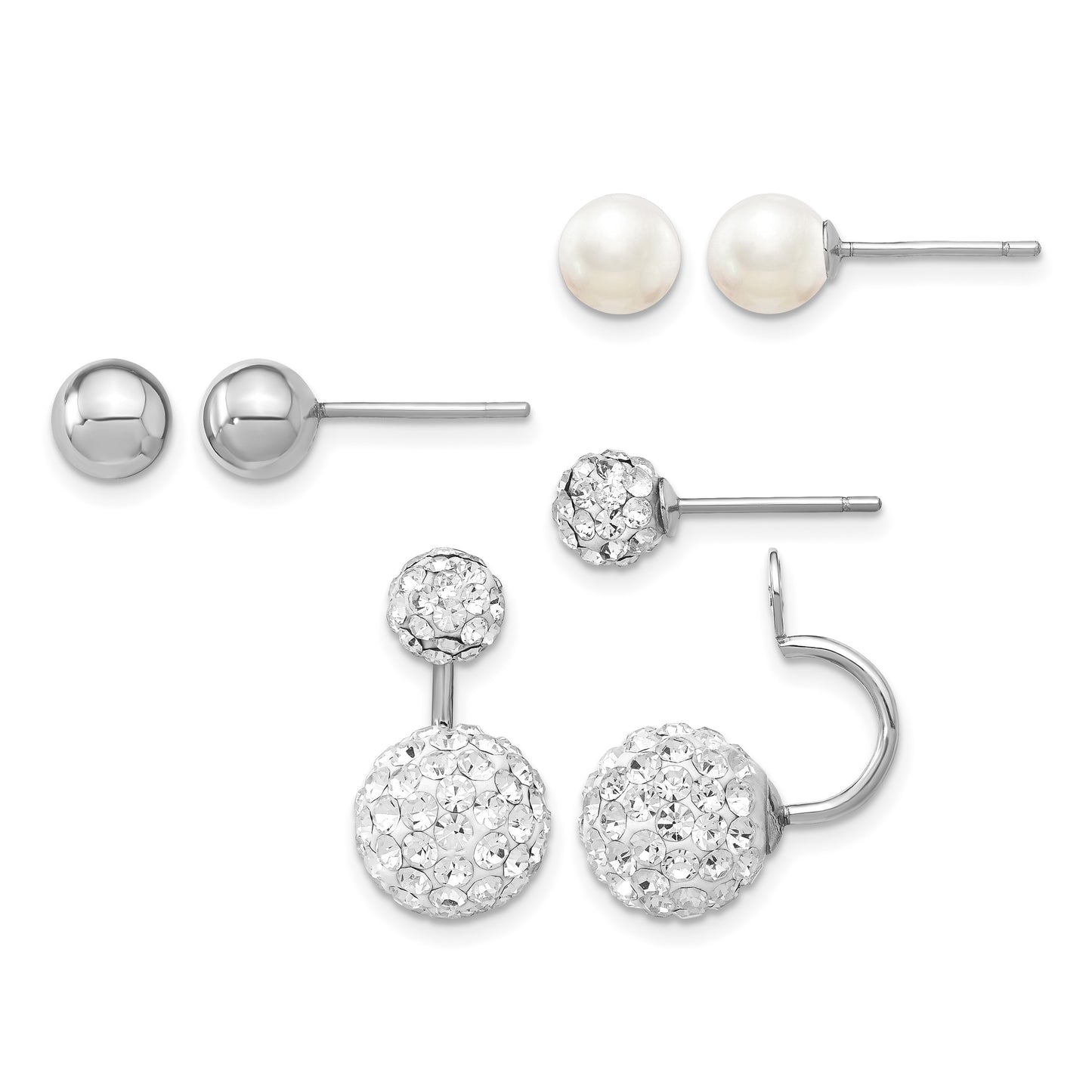 Sterling Silver RH  3 pair MOP & Crystal Front Dangle Back Earring Set
