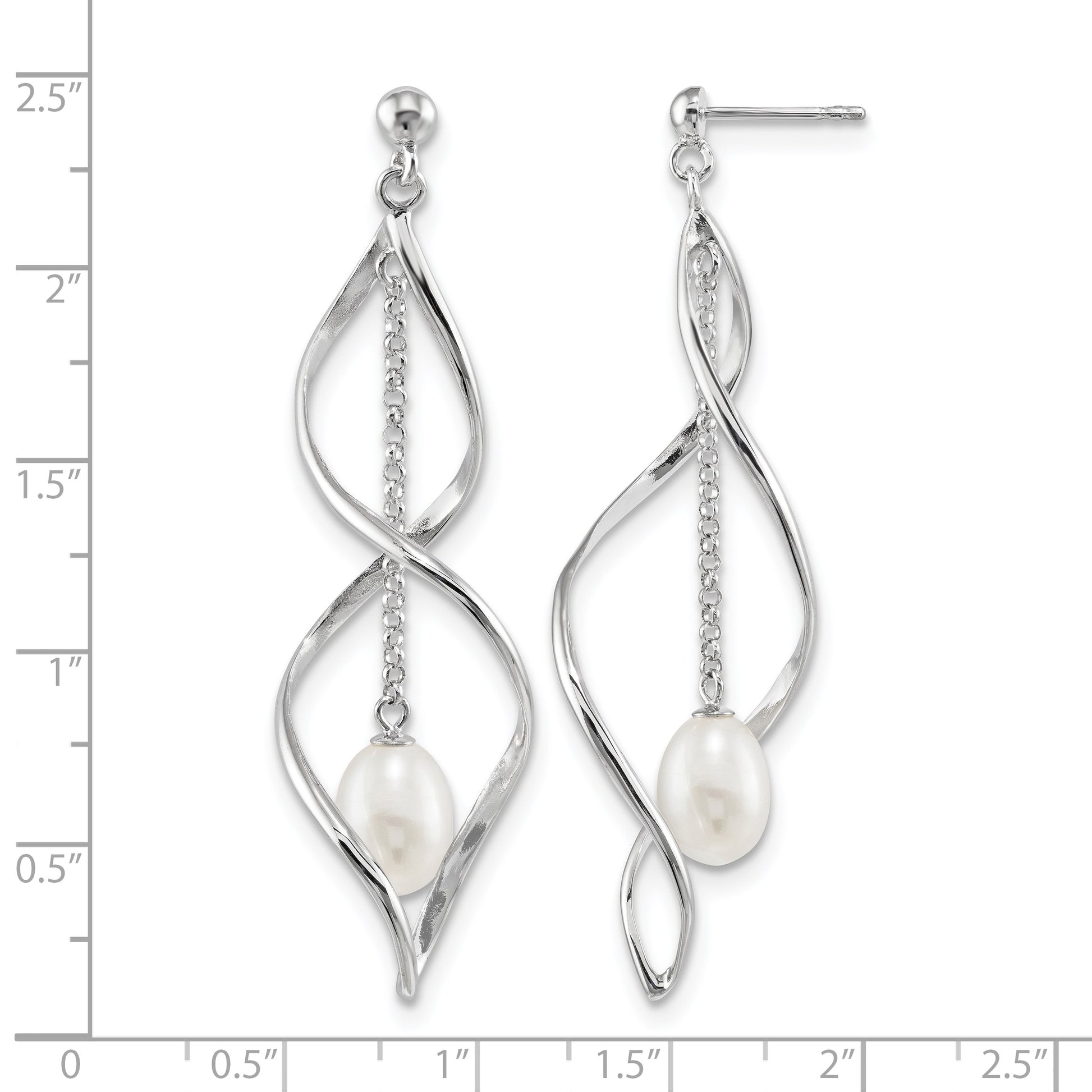 Sterling Silver Rhodium-plated 7-8mm White Rice Freshwater Cultured Pearl Post Dangle Earring