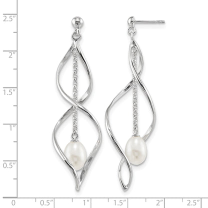 Sterling Silver Rhodium-plated 7-8mm White Rice Freshwater Cultured Pearl Post Dangle Earring