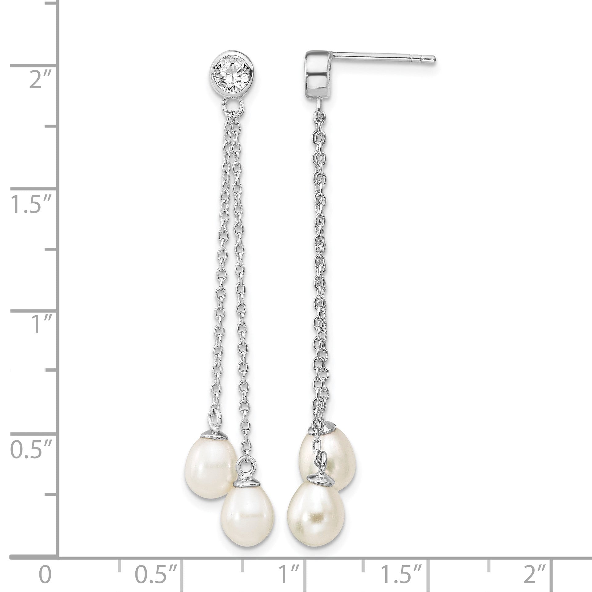 Sterling Silver Rhodium-plated 6-7mm White Rice Freshwater Cultured Pearl and CZ Post Dangle Earrings