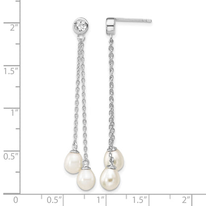 Sterling Silver Rhodium-plated 6-7mm White Rice Freshwater Cultured Pearl and CZ Post Dangle Earrings