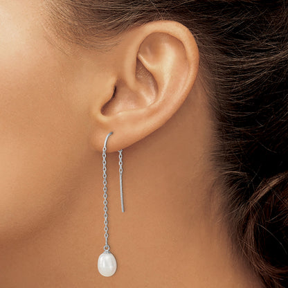 Sterling Silver Rhodium-plated 7-8mm White Teardrop Freshwater Cultured Pearl Threader Earrings