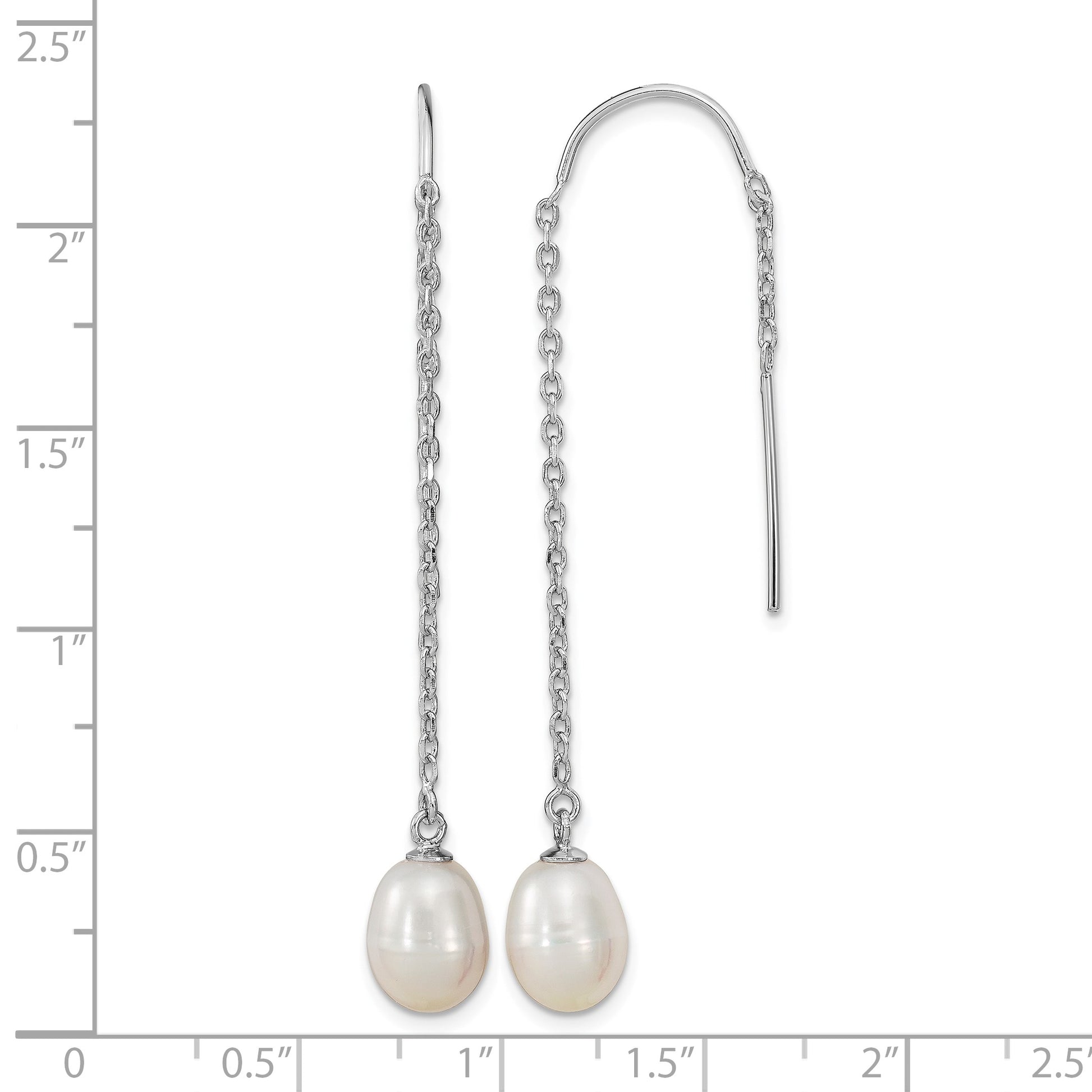 Sterling Silver Rhodium-plated 7-8mm White Teardrop Freshwater Cultured Pearl Threader Earrings