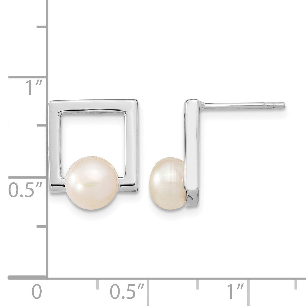 Sterling Silver Rhodium-plated 6-7mm White Button Freshwater Cultured Pearl Square Post Earrings