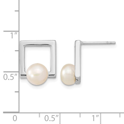 Sterling Silver Rhodium-plated 6-7mm White Button Freshwater Cultured Pearl Square Post Earrings