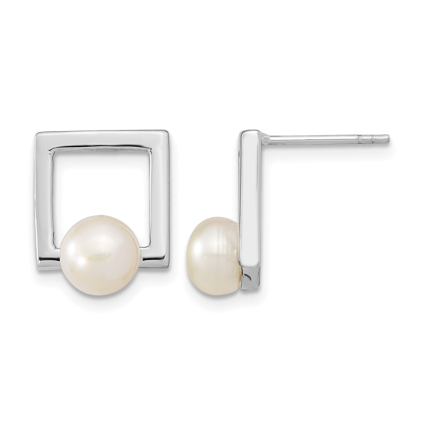 Sterling Silver Rhodium-plated 6-7mm White Button Freshwater Cultured Pearl Square Post Earrings