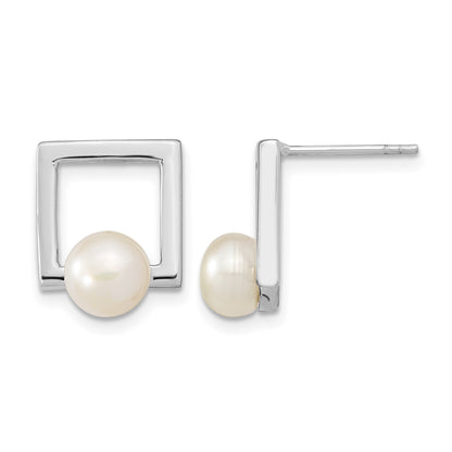 Sterling Silver Rhodium-plated 6-7mm White Button Freshwater Cultured Pearl Square Post Earrings
